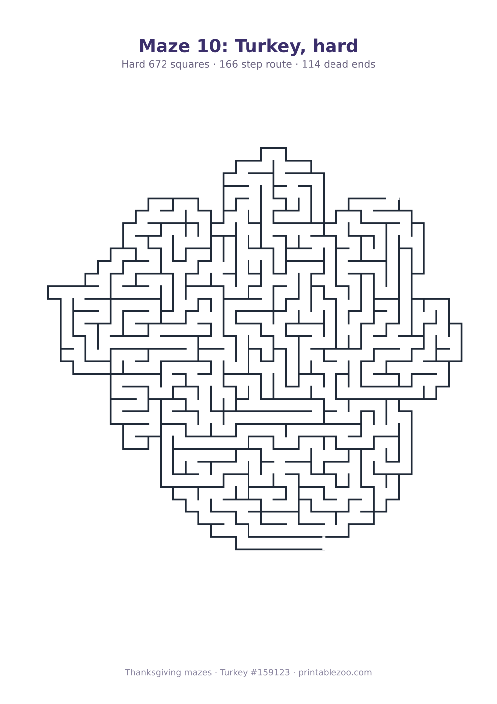 Printable turkey shaped maze, 672 squares and 114 dead ends, puzzle 159123