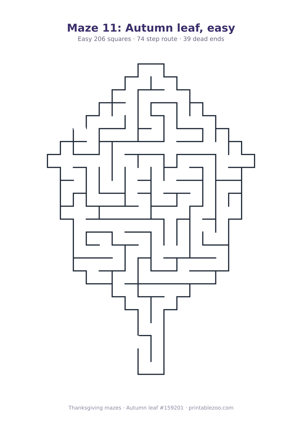 Printable autumn leaf shaped maze, 206 squares and 39 dead ends, puzzle 159201
