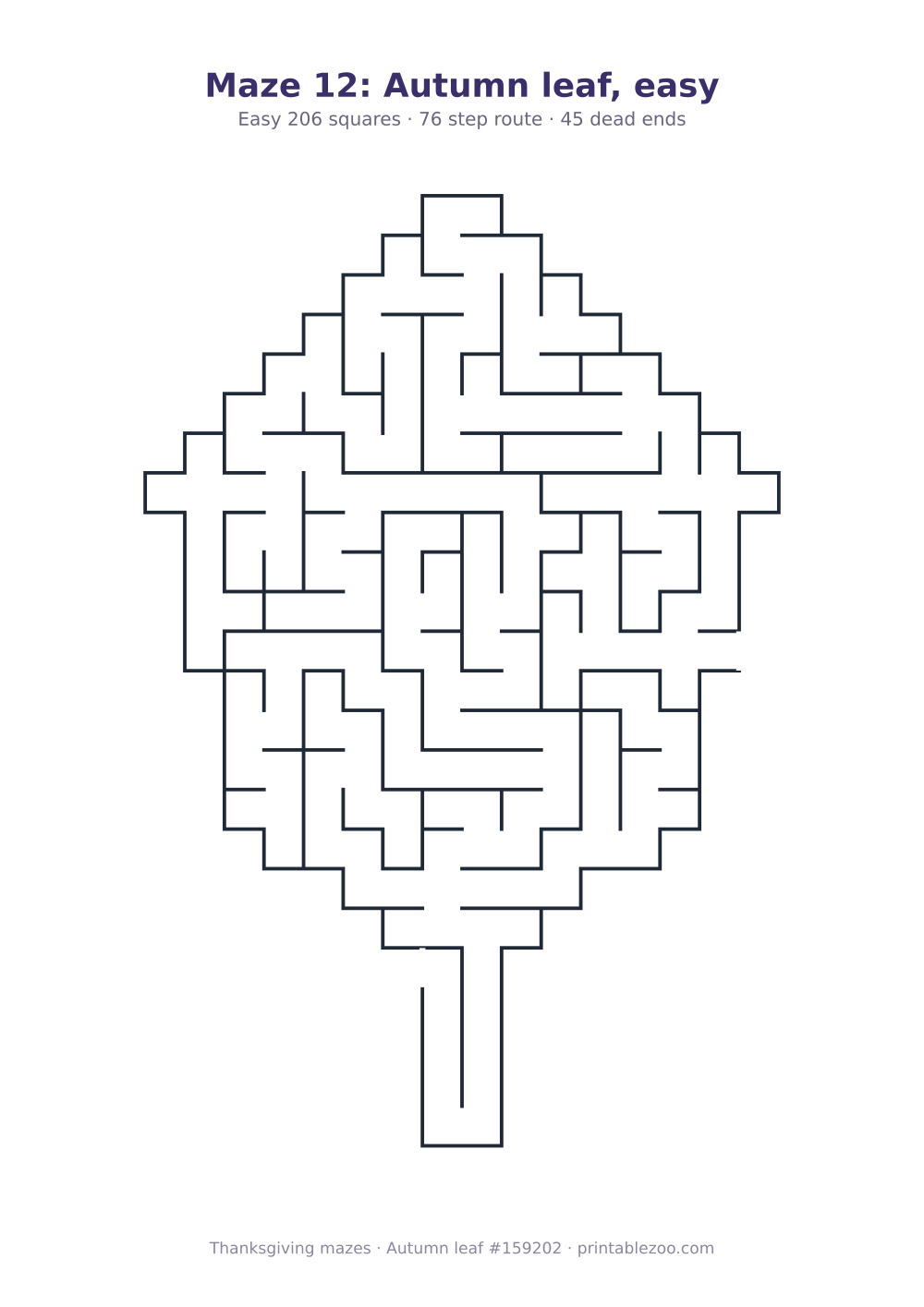 Printable autumn leaf shaped maze, 206 squares and 45 dead ends, puzzle 159202