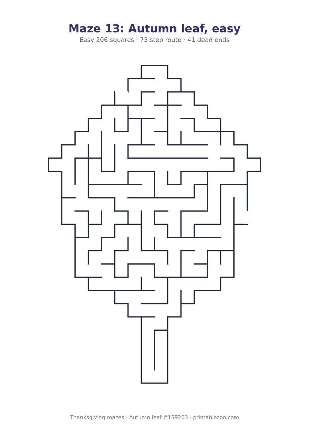 Printable autumn leaf shaped maze, 206 squares and 41 dead ends, puzzle 159203