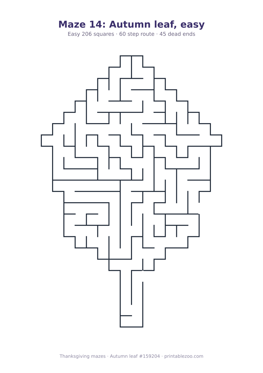 Printable autumn leaf shaped maze, 206 squares and 45 dead ends, puzzle 159204