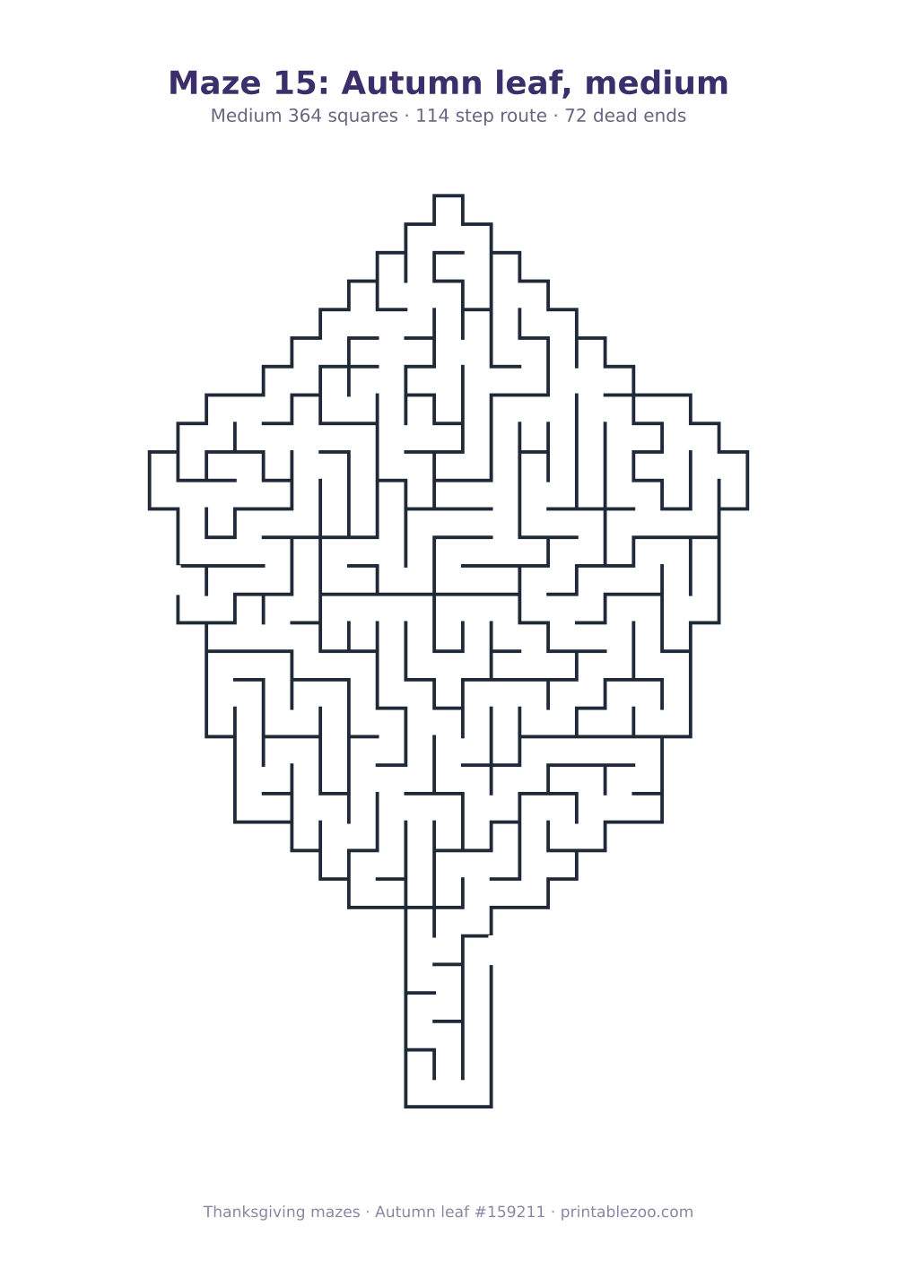 Printable autumn leaf shaped maze, 364 squares and 72 dead ends, puzzle 159211