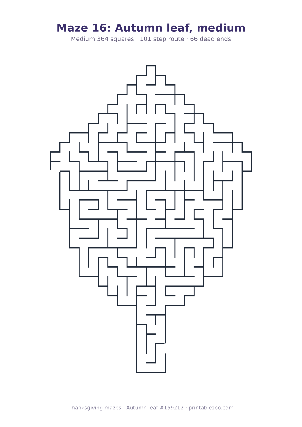 Printable autumn leaf shaped maze, 364 squares and 66 dead ends, puzzle 159212