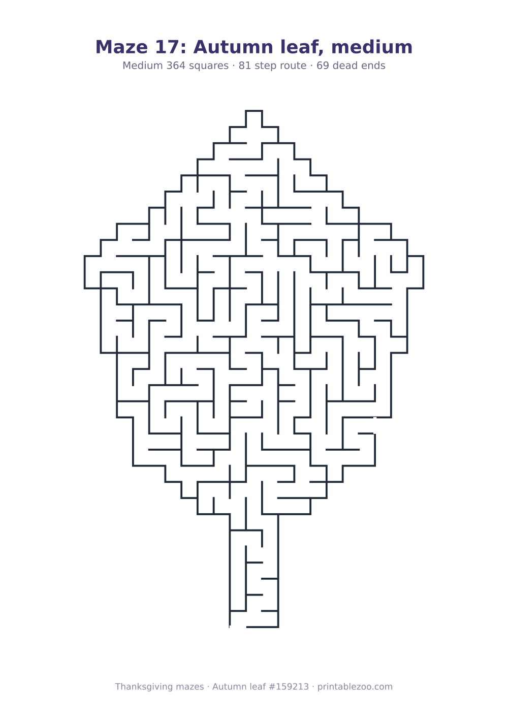 Printable autumn leaf shaped maze, 364 squares and 69 dead ends, puzzle 159213