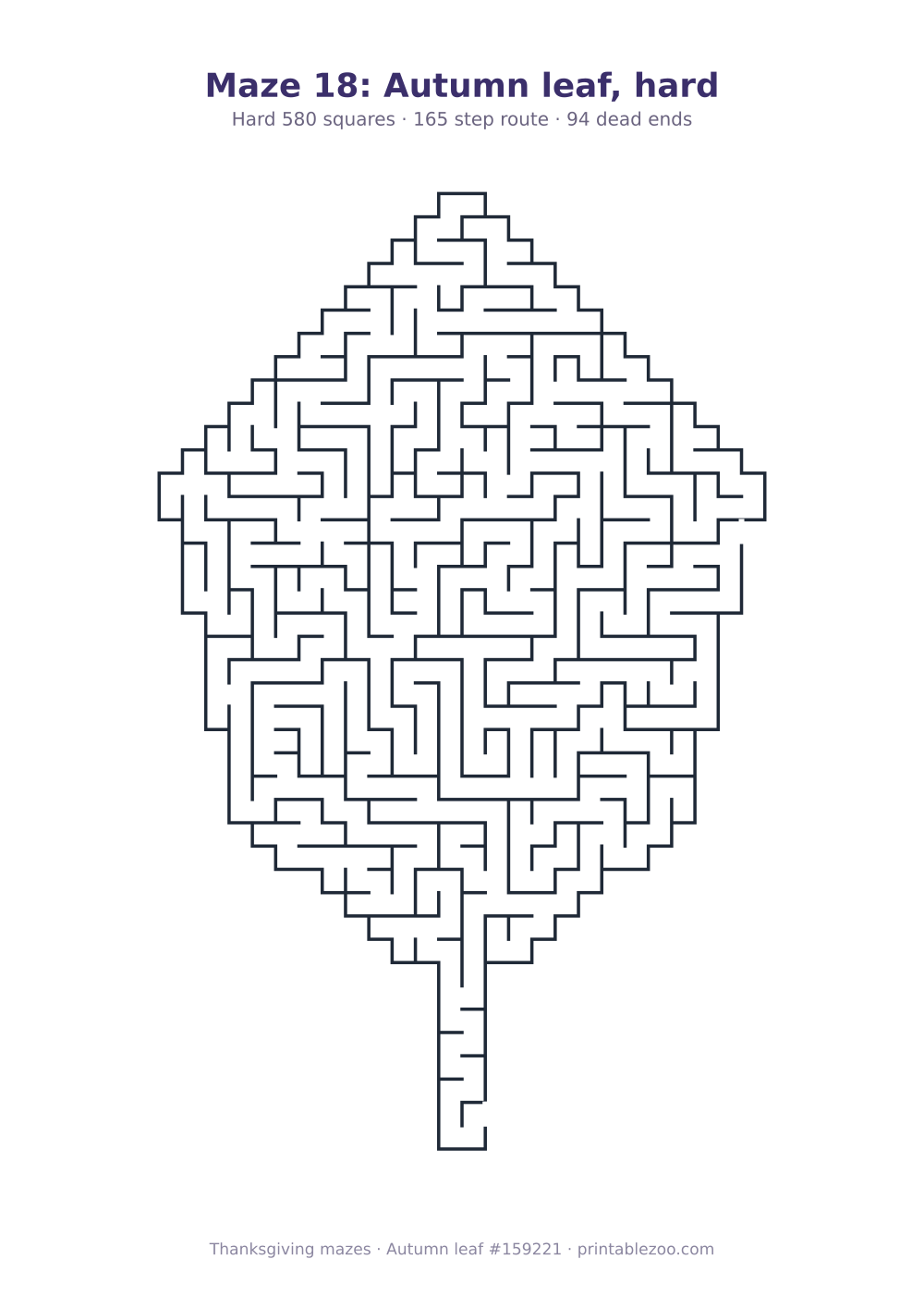Printable autumn leaf shaped maze, 580 squares and 94 dead ends, puzzle 159221