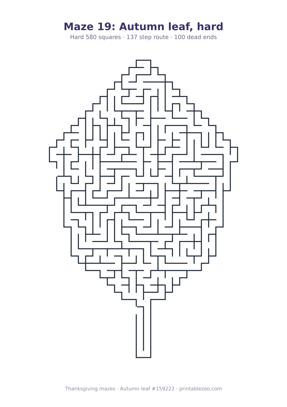 Printable autumn leaf shaped maze, 580 squares and 100 dead ends, puzzle 159222