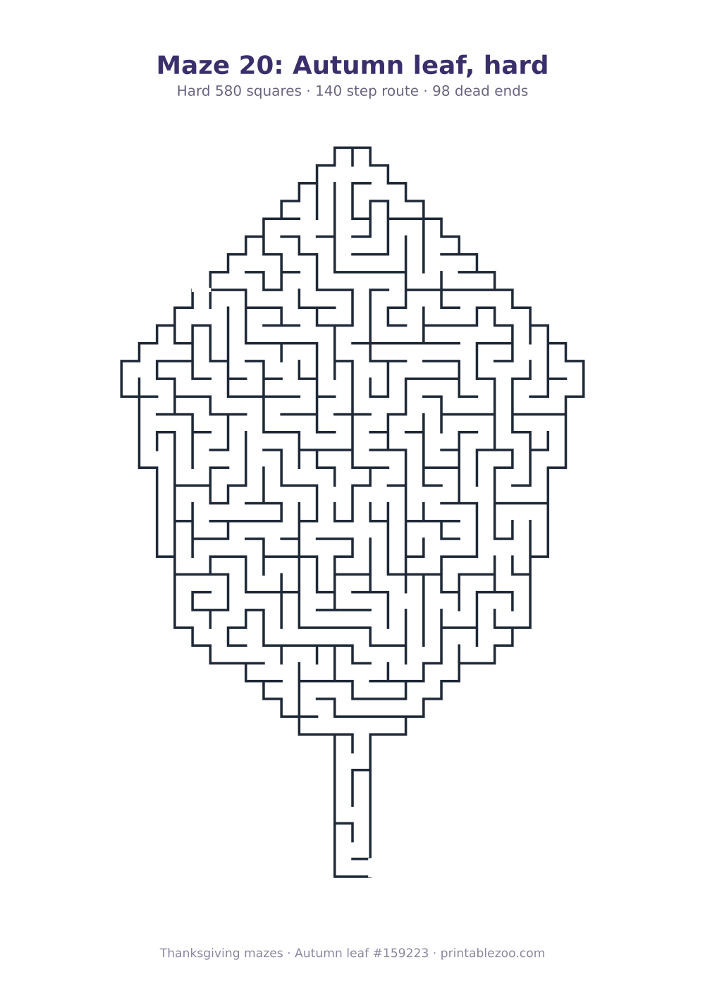 Printable autumn leaf shaped maze, 580 squares and 98 dead ends, puzzle 159223