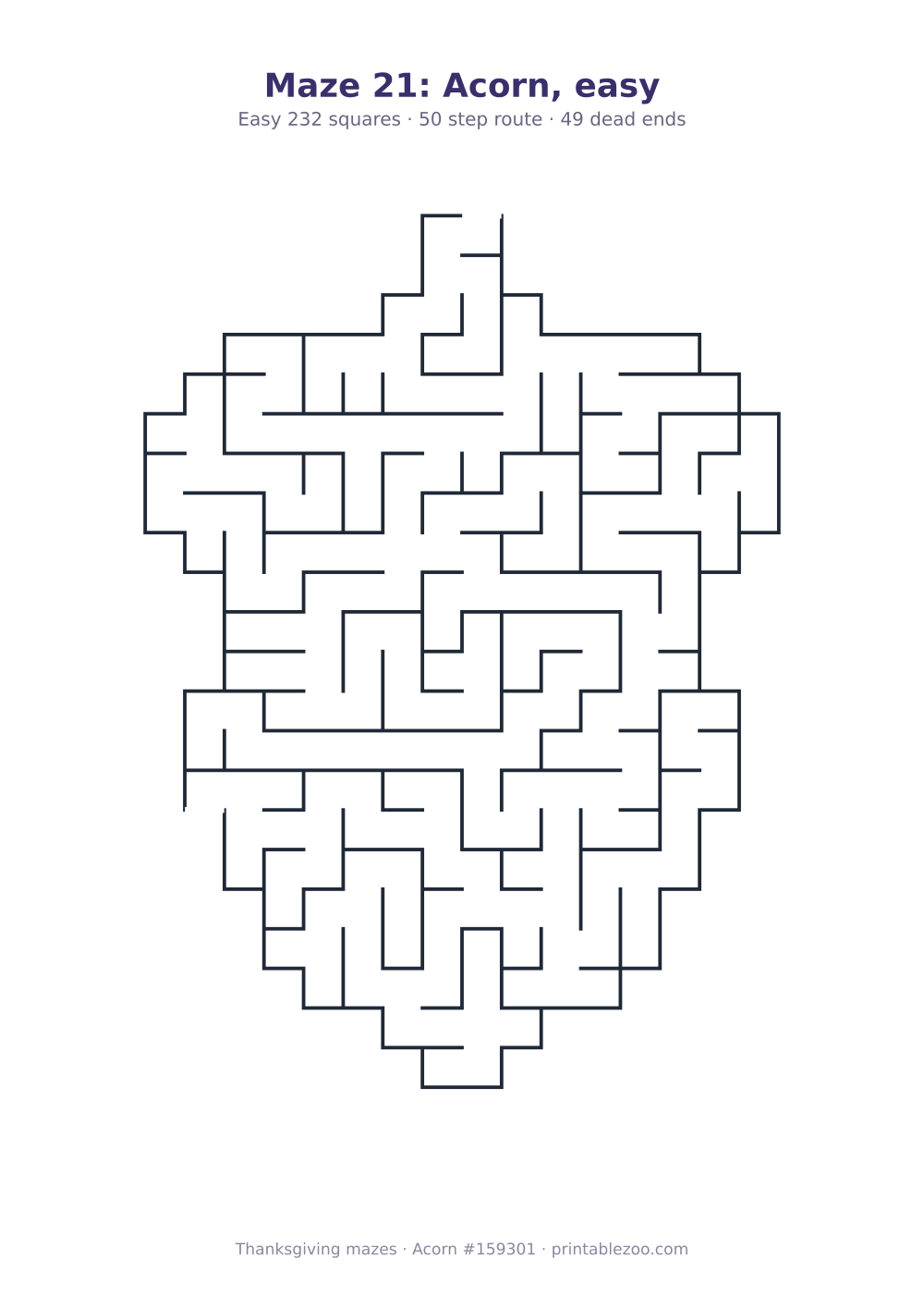 Printable acorn shaped maze, 232 squares and 49 dead ends, puzzle 159301