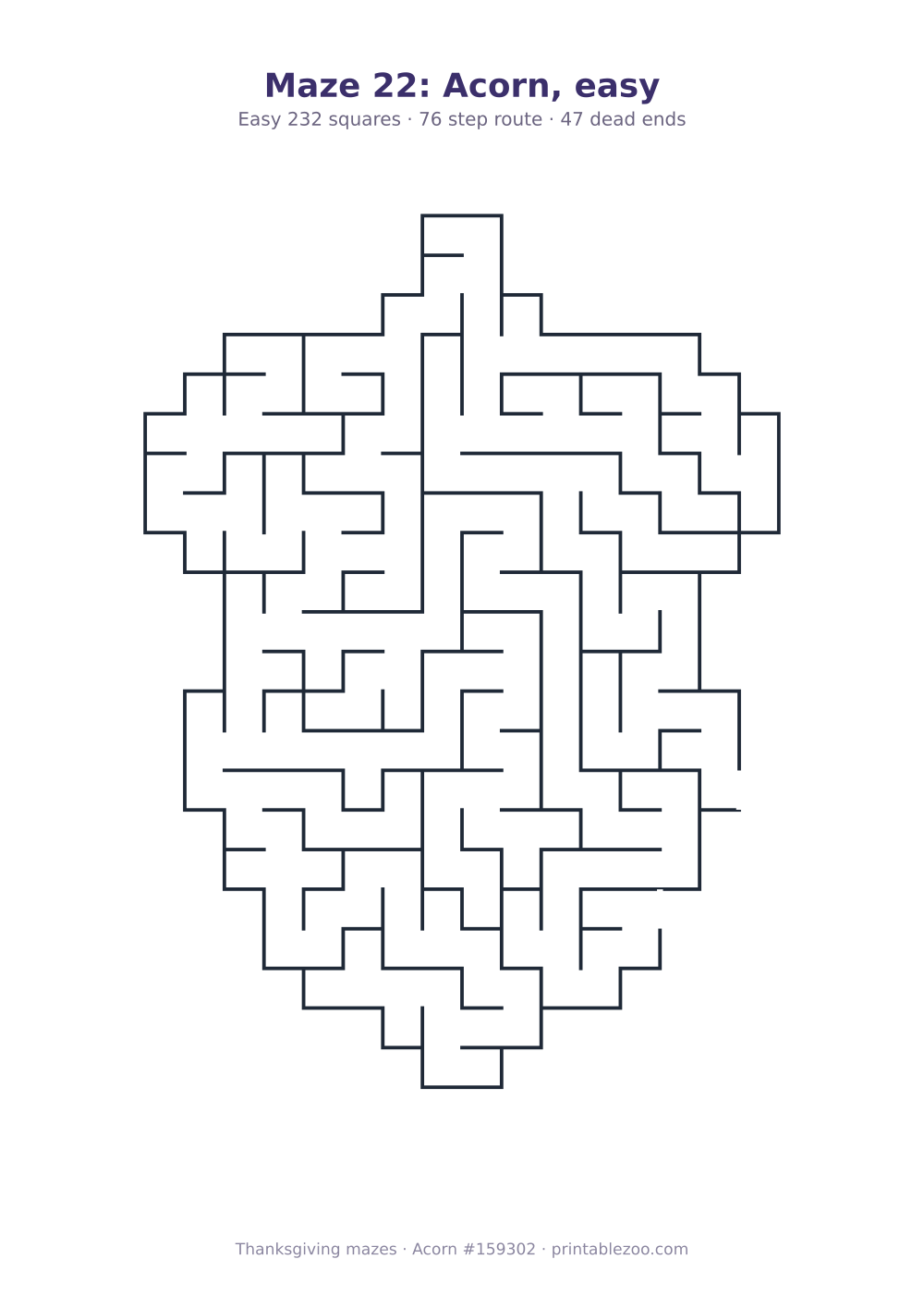 Printable acorn shaped maze, 232 squares and 47 dead ends, puzzle 159302