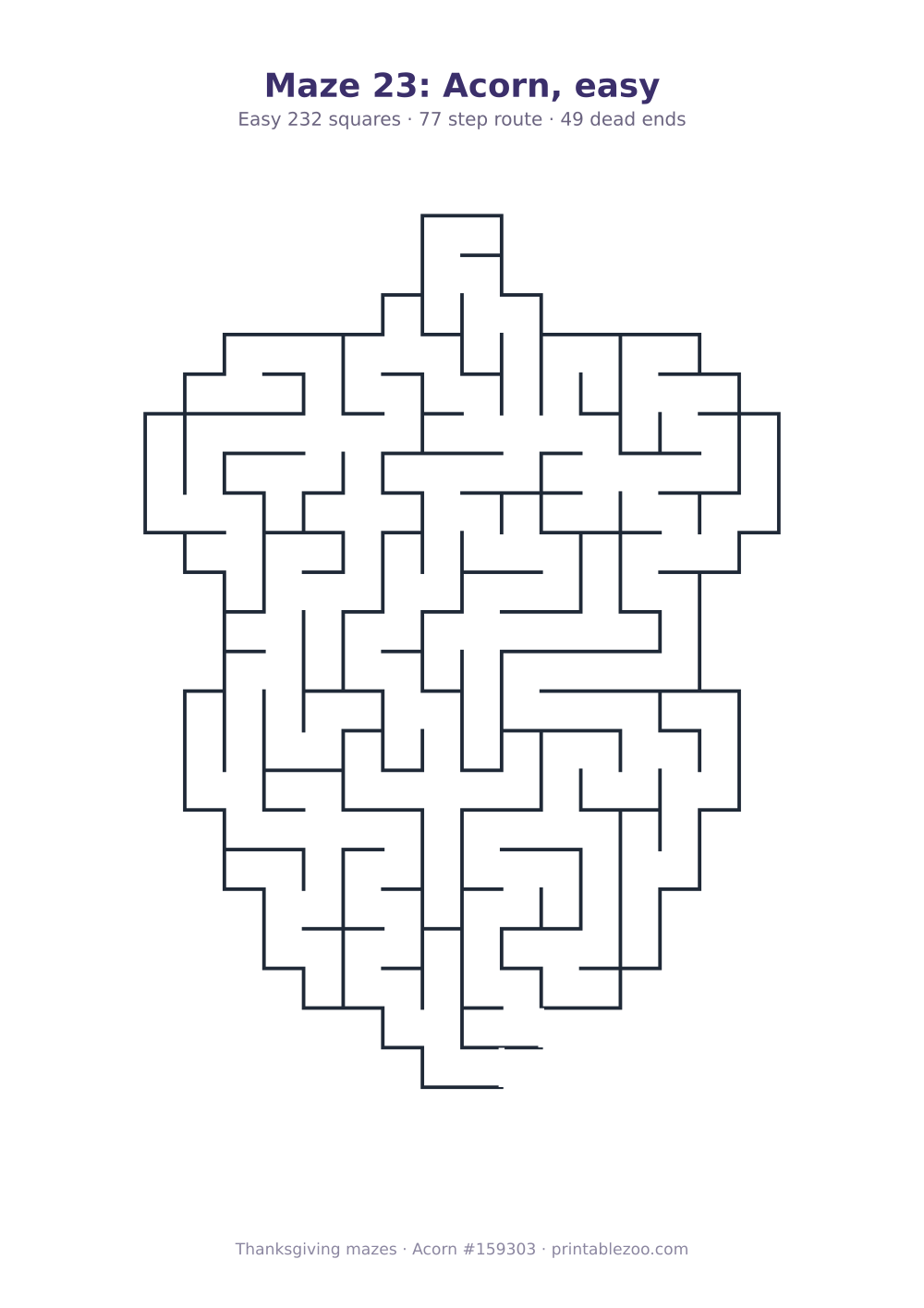 Printable acorn shaped maze, 232 squares and 49 dead ends, puzzle 159303