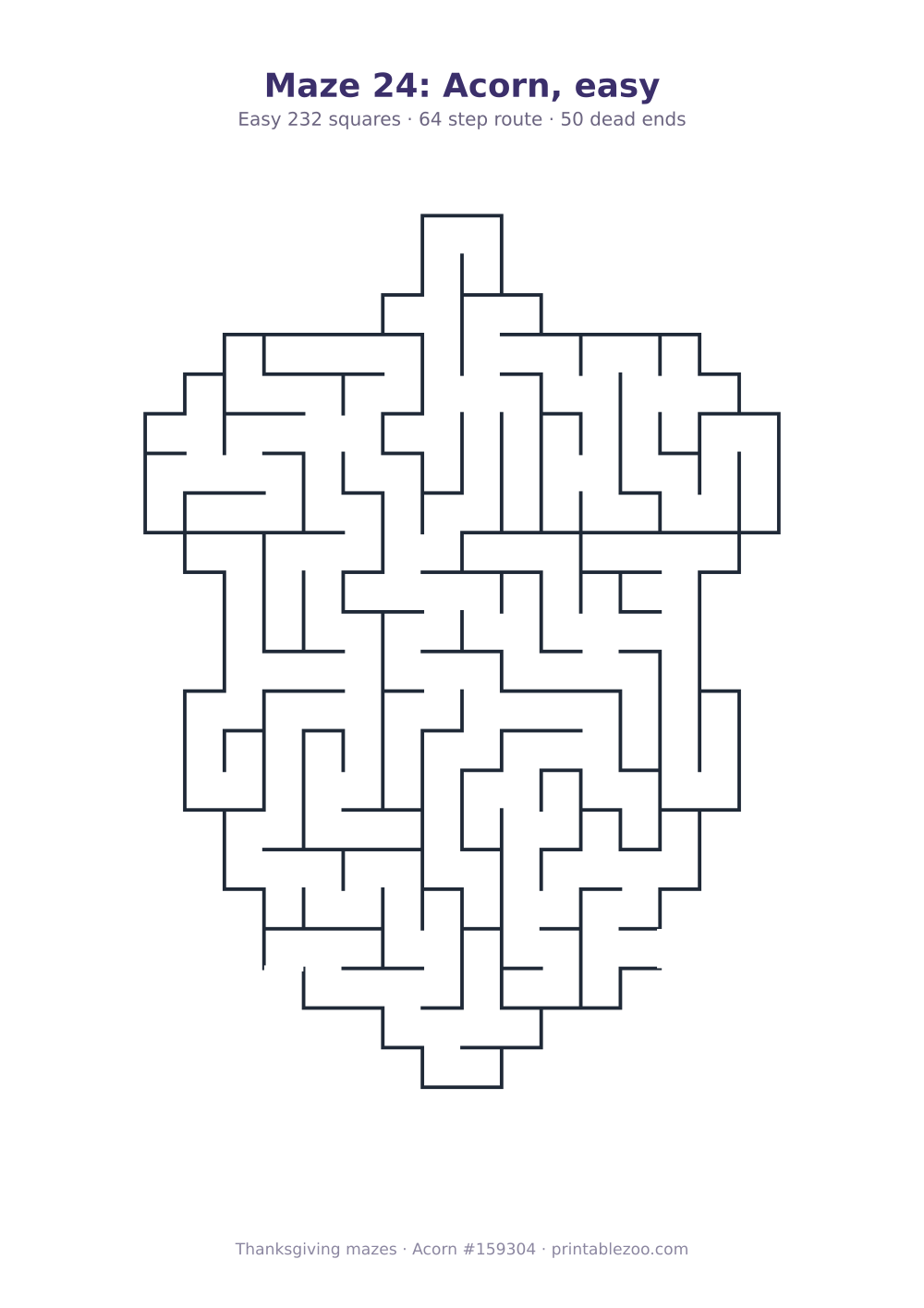 Printable acorn shaped maze, 232 squares and 50 dead ends, puzzle 159304
