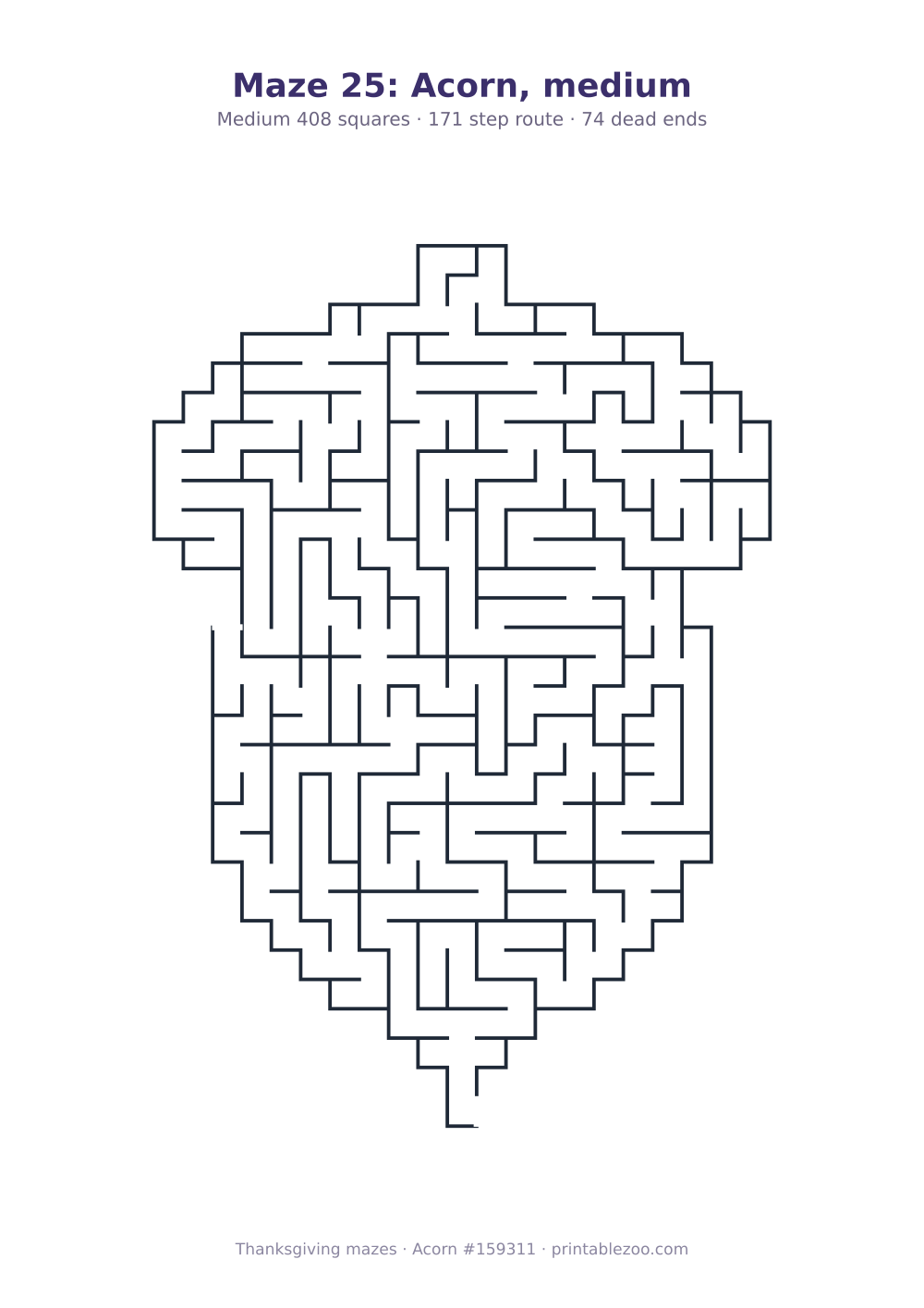 Printable acorn shaped maze, 408 squares and 74 dead ends, puzzle 159311