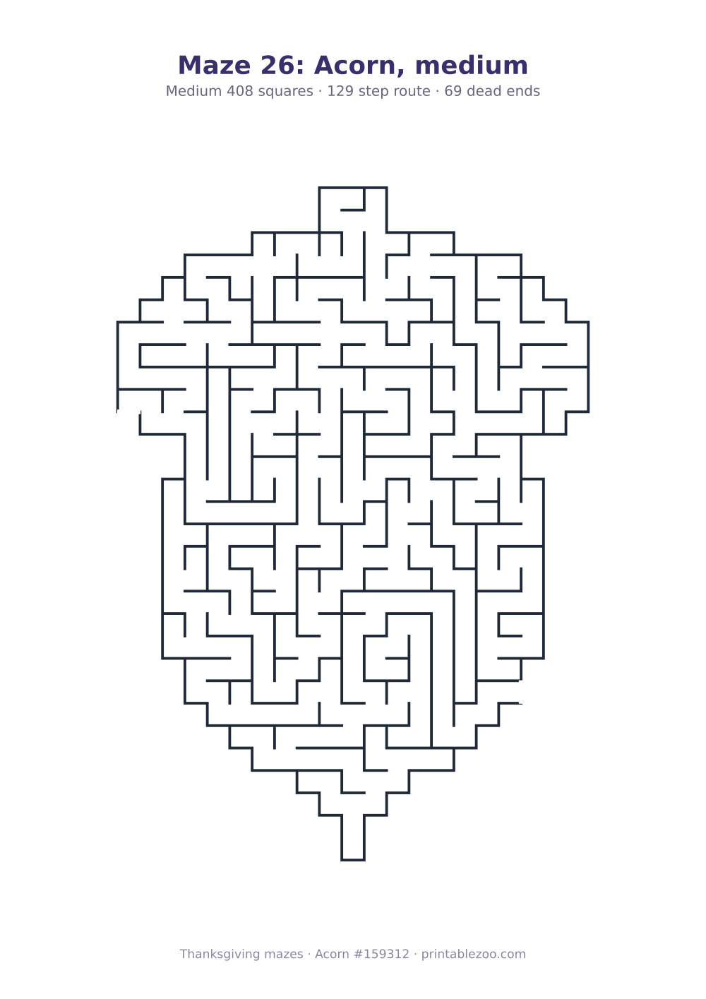 Printable acorn shaped maze, 408 squares and 69 dead ends, puzzle 159312