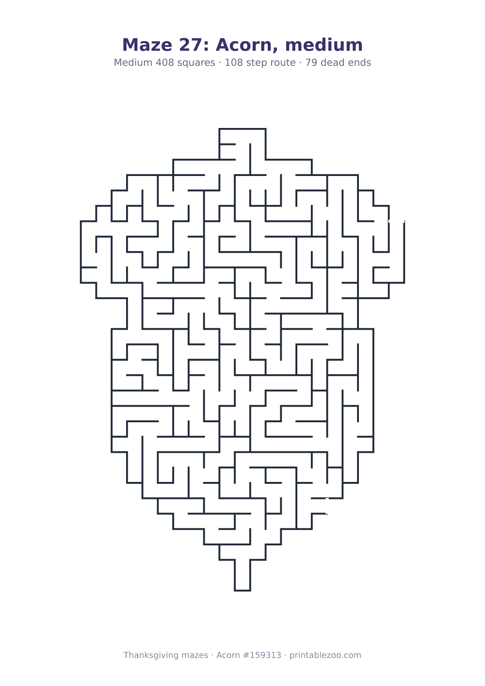 Printable acorn shaped maze, 408 squares and 79 dead ends, puzzle 159313