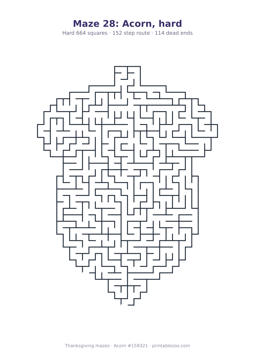 Printable acorn shaped maze, 664 squares and 114 dead ends, puzzle 159321