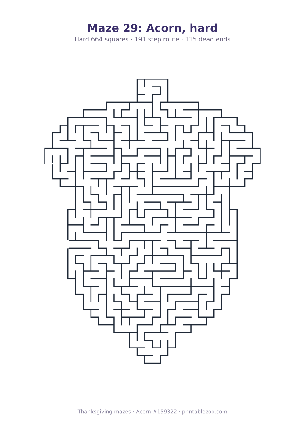 Printable acorn shaped maze, 664 squares and 115 dead ends, puzzle 159322