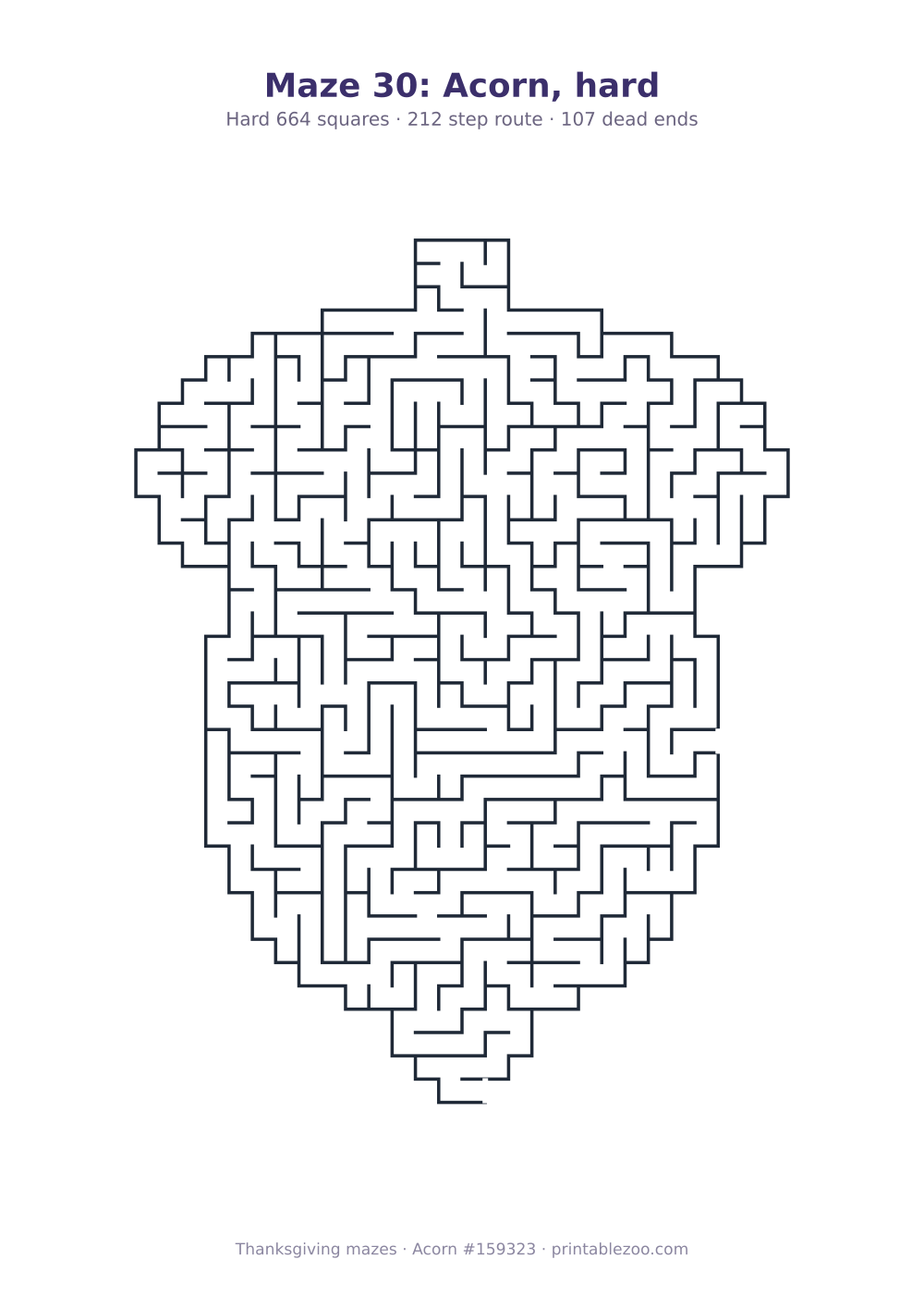 Printable acorn shaped maze, 664 squares and 107 dead ends, puzzle 159323