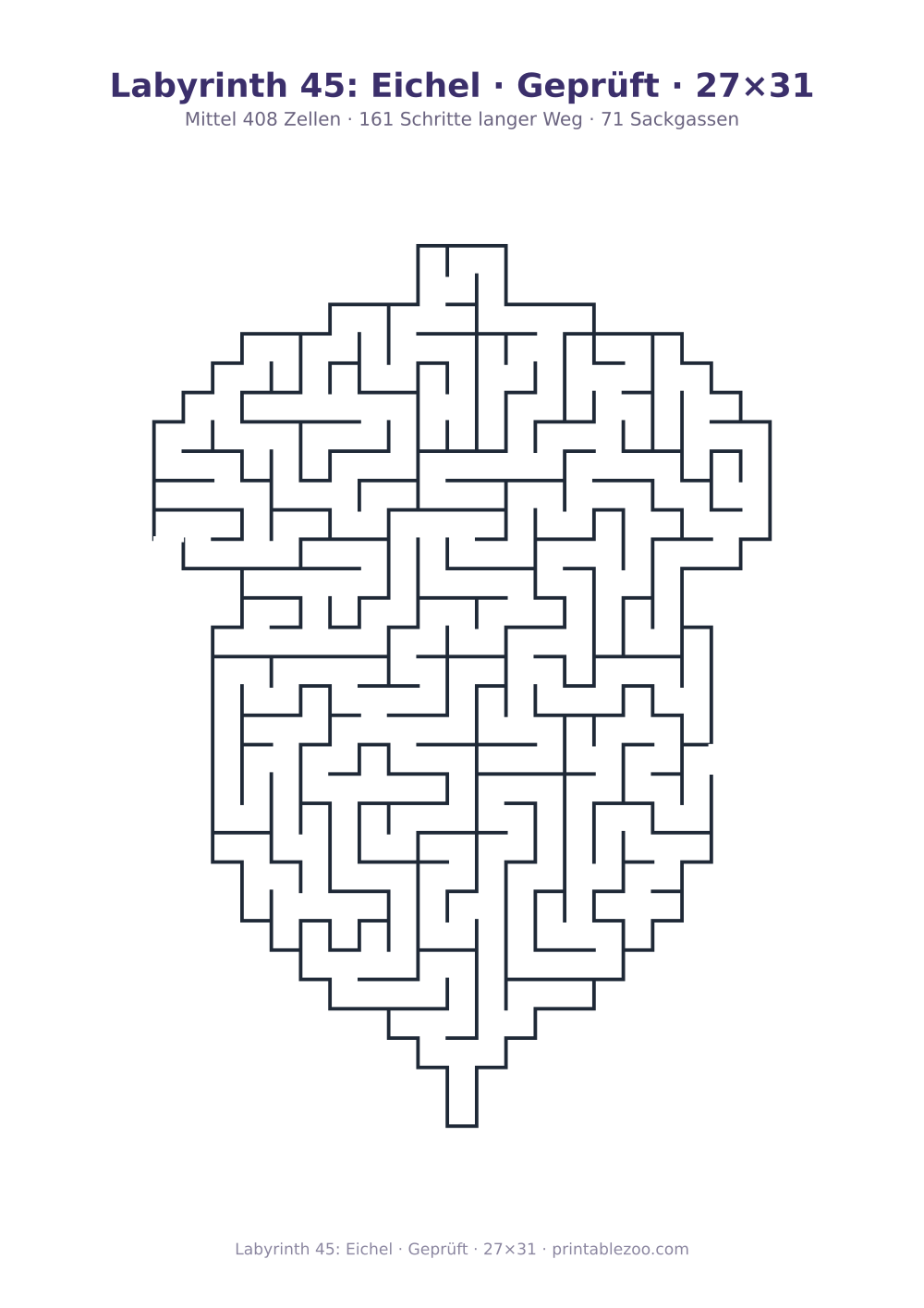 Labyrinth 45: Eichel · Geprüft · 27×31 als druckfertige Vorschau, Katalognummer 163311 Rätsel Nr. 163311.