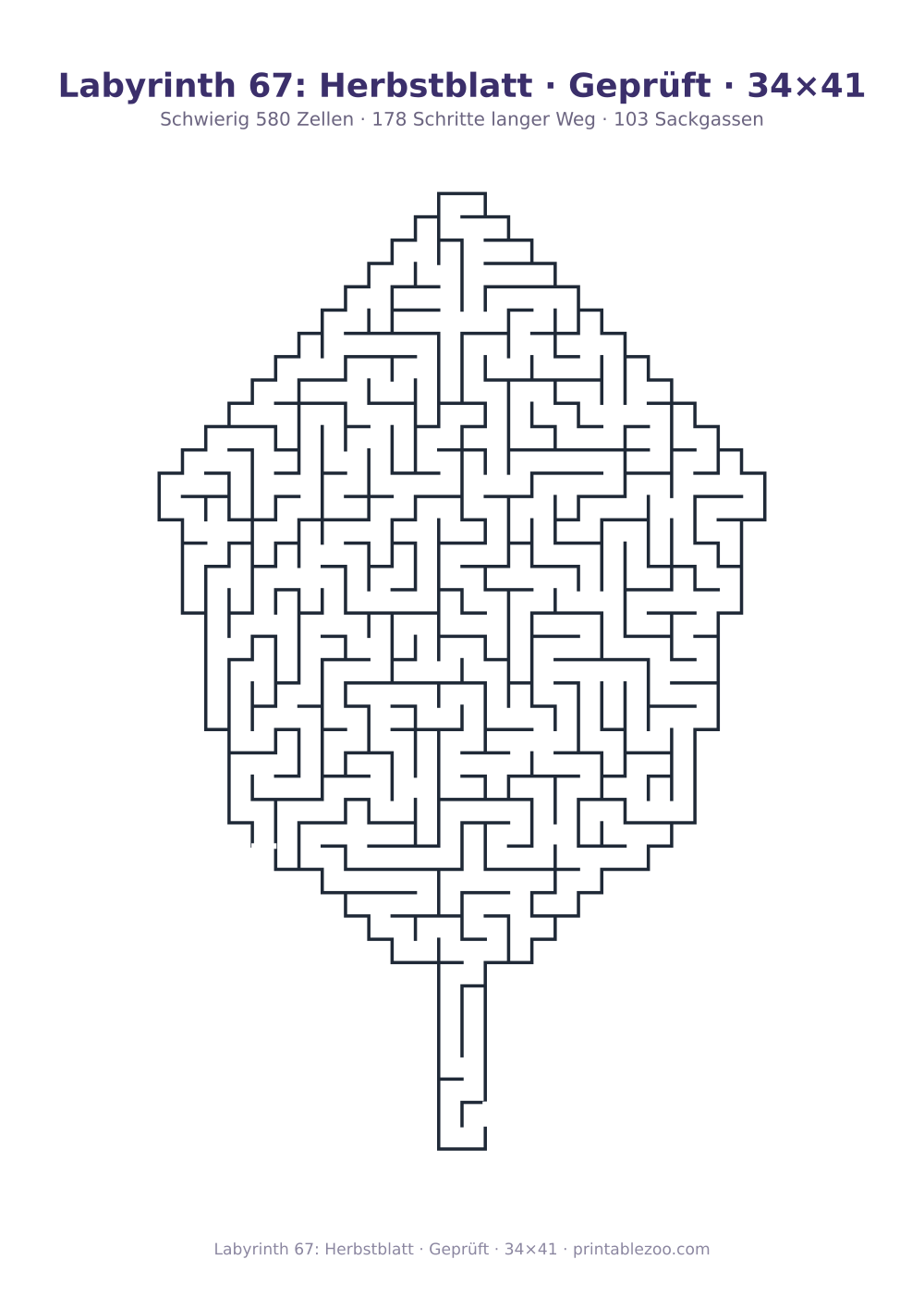 Labyrinth 67: Herbstblatt · Geprüft · 34×41 als druckfertige Vorschau, Katalognummer 163551 Rätsel Nr. 163551.