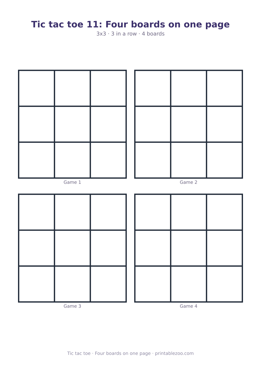 Printable tic tac toe sheet with 4 3x3 boards on one page, four boards on one page
