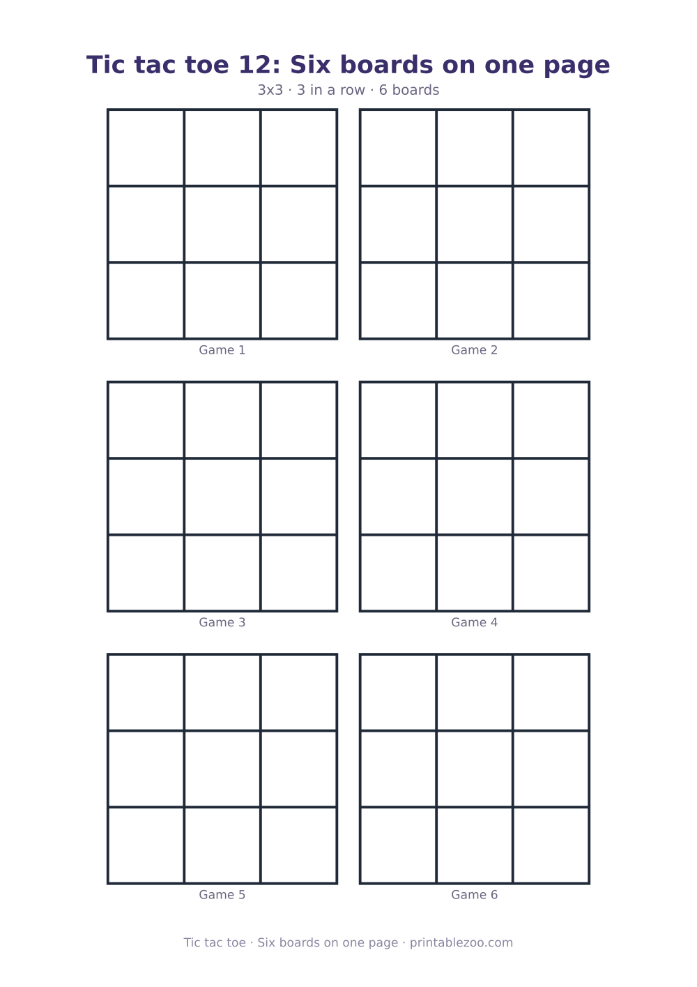 Printable tic tac toe sheet with 6 3x3 boards on one page, six boards on one page
