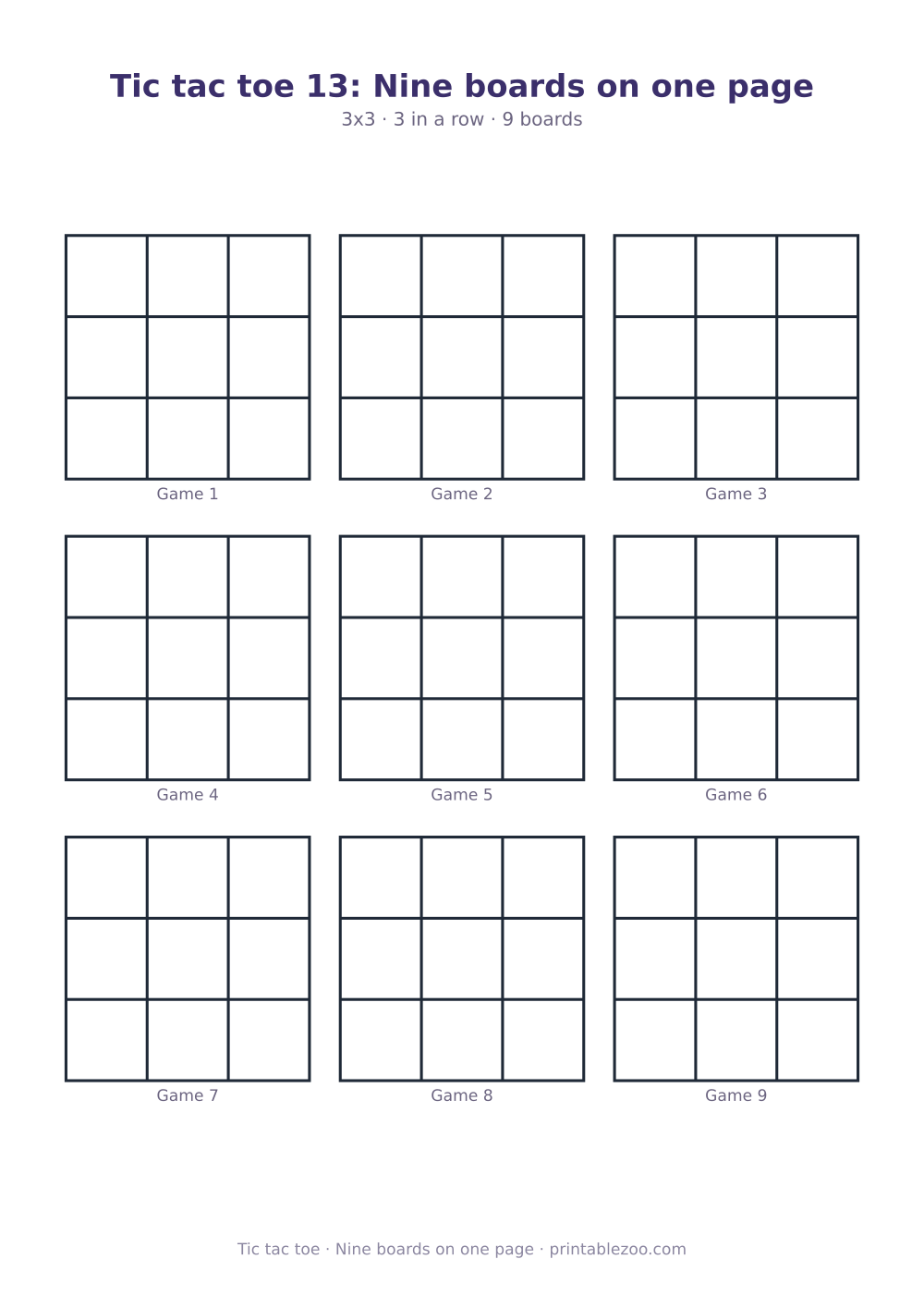 Printable tic tac toe sheet with 9 3x3 boards on one page, nine boards on one page