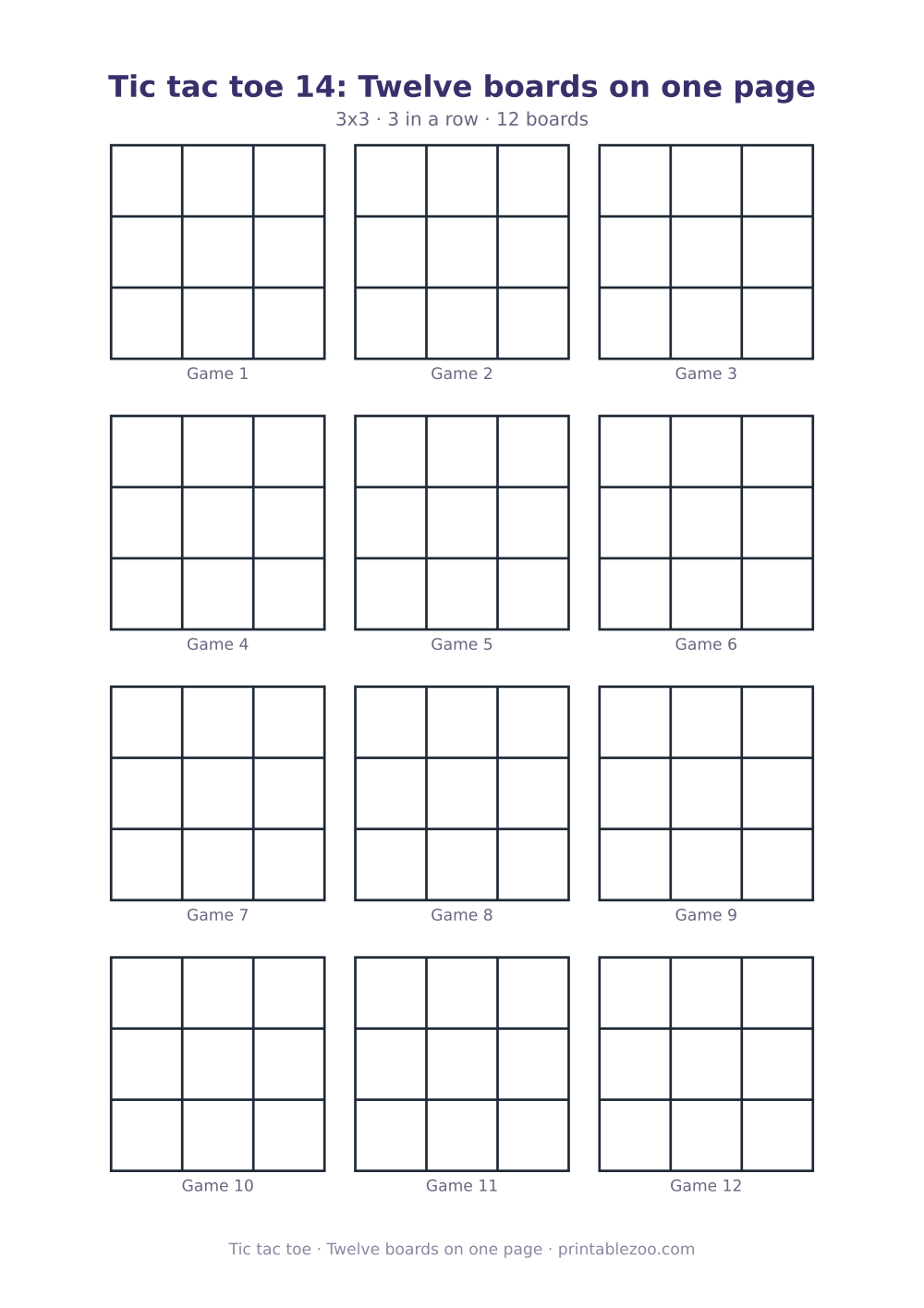 Printable tic tac toe sheet with 12 3x3 boards on one page, twelve boards on one page