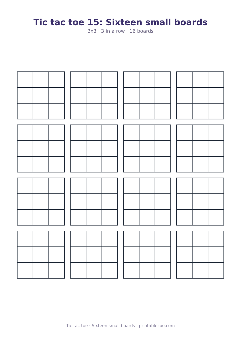 Printable tic tac toe sheet with 16 3x3 boards on one page, sixteen small boards