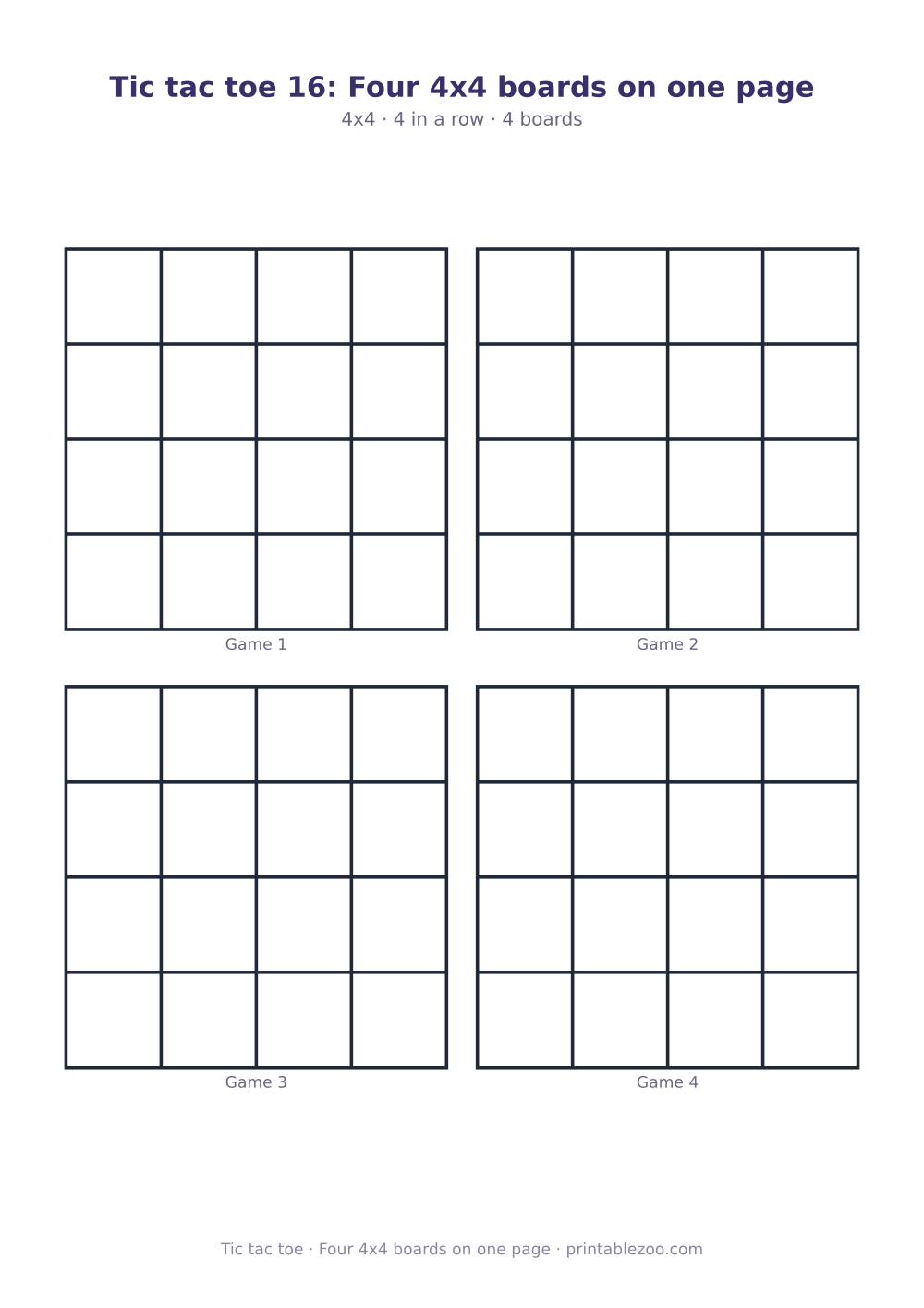 Printable tic tac toe sheet with 4 4x4 boards on one page, four 4x4 boards on one page