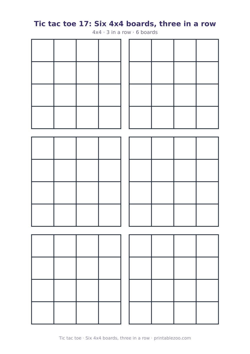 Printable tic tac toe sheet with 6 4x4 boards on one page, six 4x4 boards, three in a row