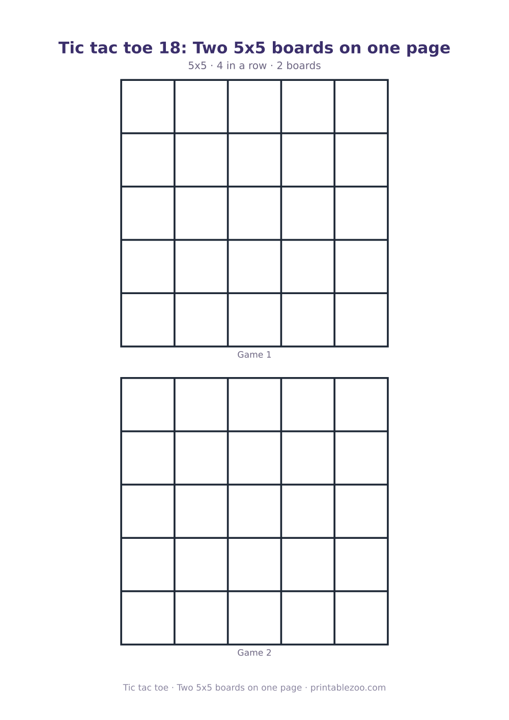 Printable tic tac toe sheet with 2 5x5 boards on one page, two 5x5 boards on one page