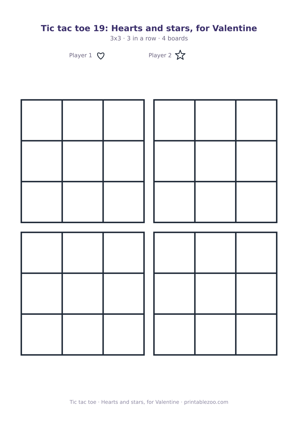 Printable tic tac toe: hearts and stars, for Valentine, 4 3x3 boards marked with hearts and stars