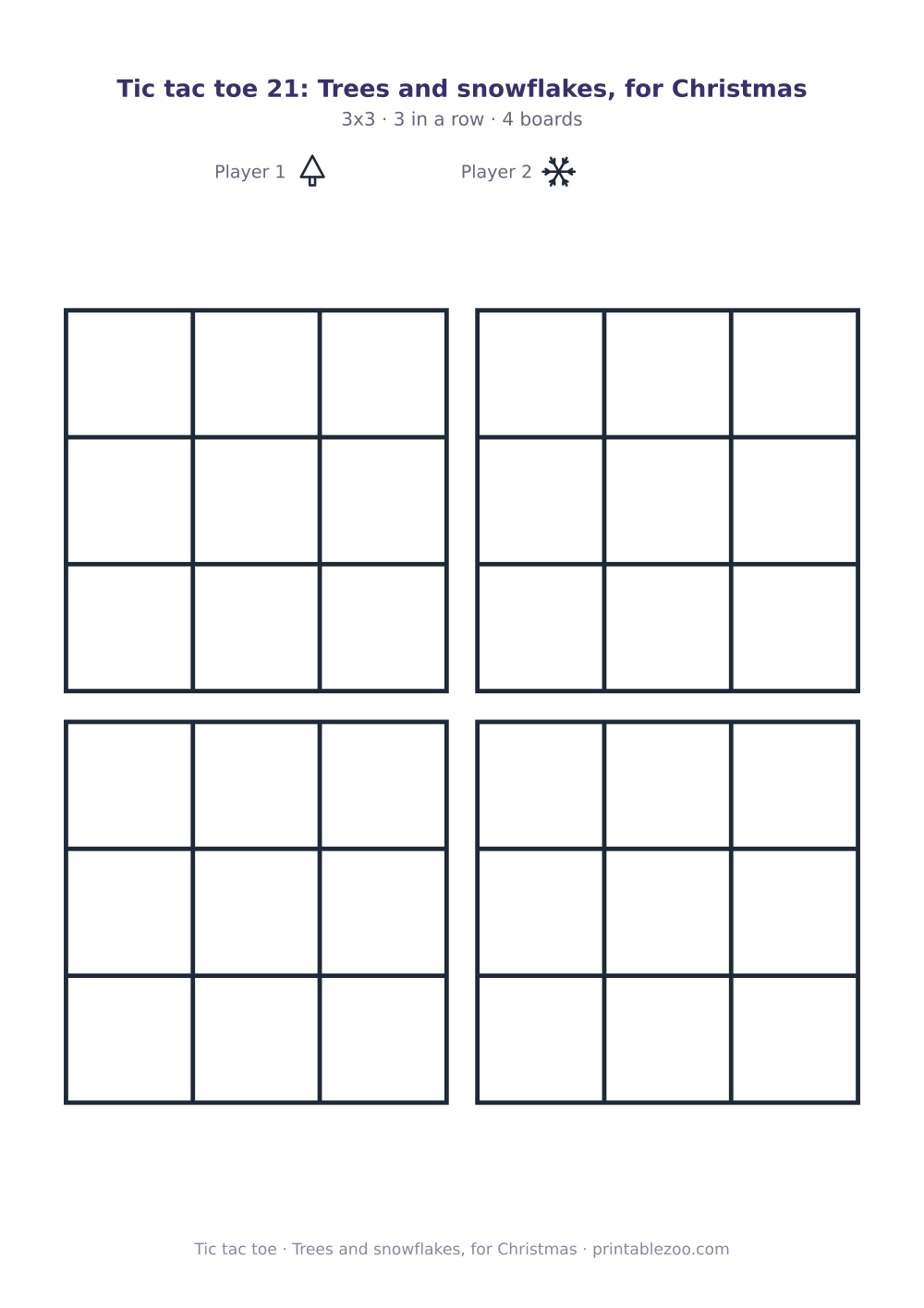 Printable tic tac toe: trees and snowflakes, for Christmas, 4 3x3 boards marked with trees and snowflakes