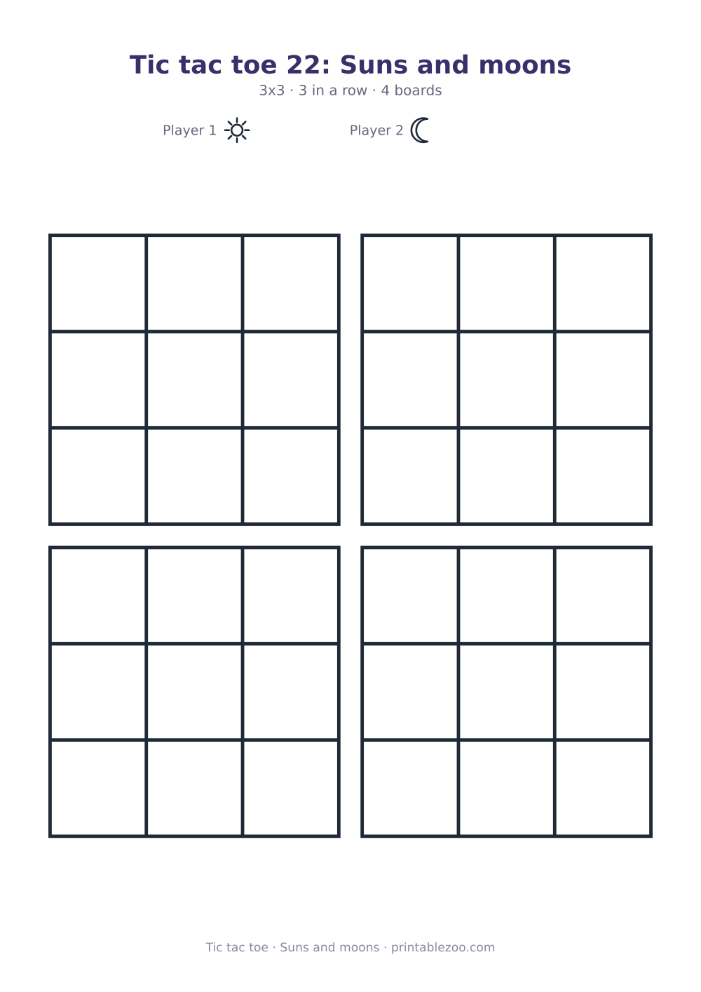 Printable tic tac toe: suns and moons, 4 3x3 boards marked with suns and moons