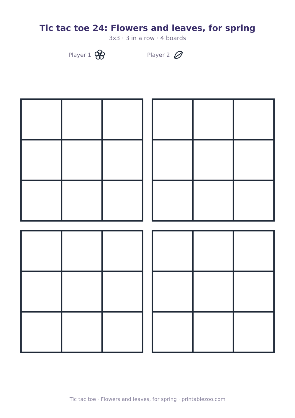 Printable tic tac toe: flowers and leaves, for spring, 4 3x3 boards marked with flowers and leaves