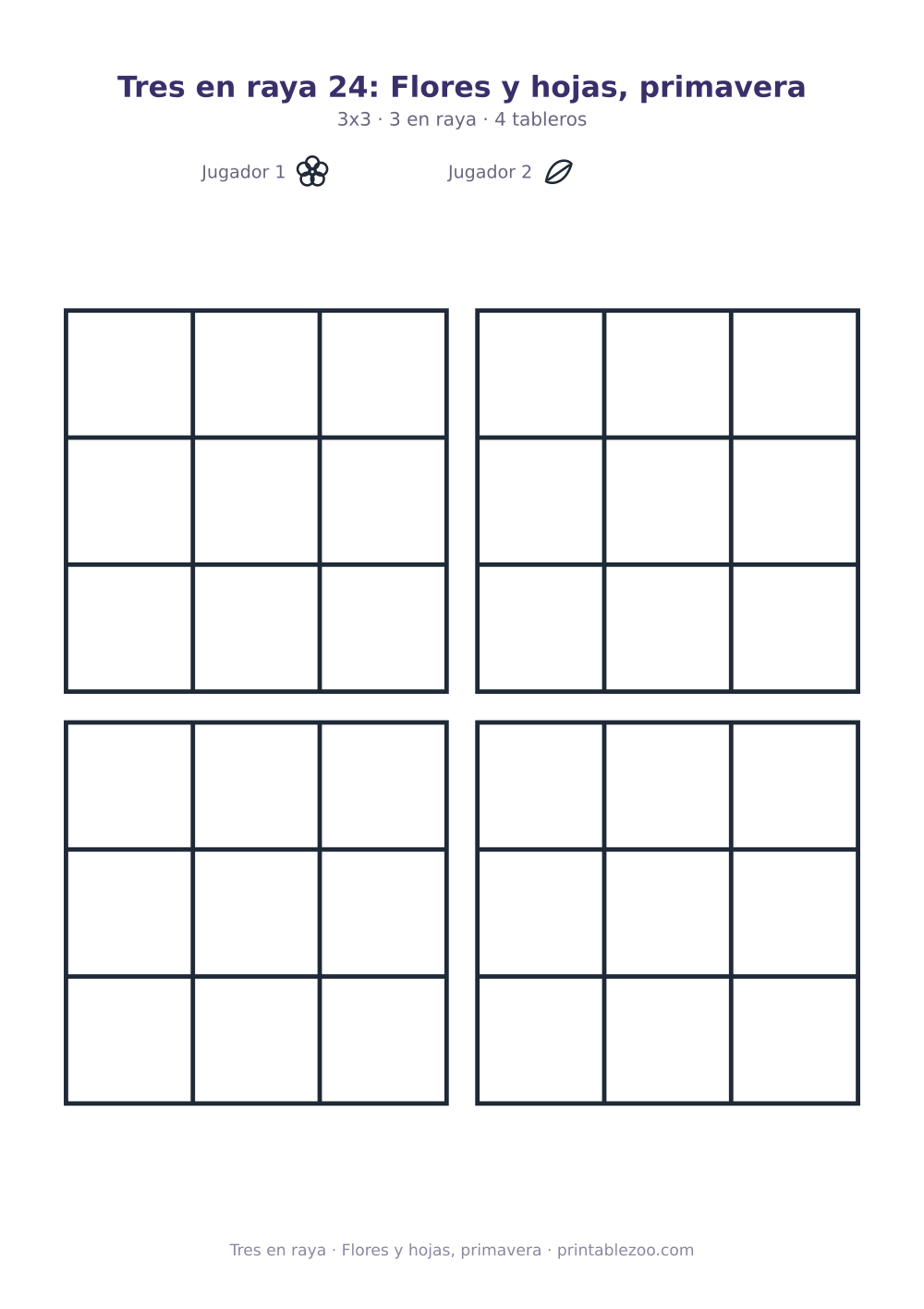 Tres en raya para imprimir: flores y hojas, primavera, 4 tableros de 3x3 con flores y hojas