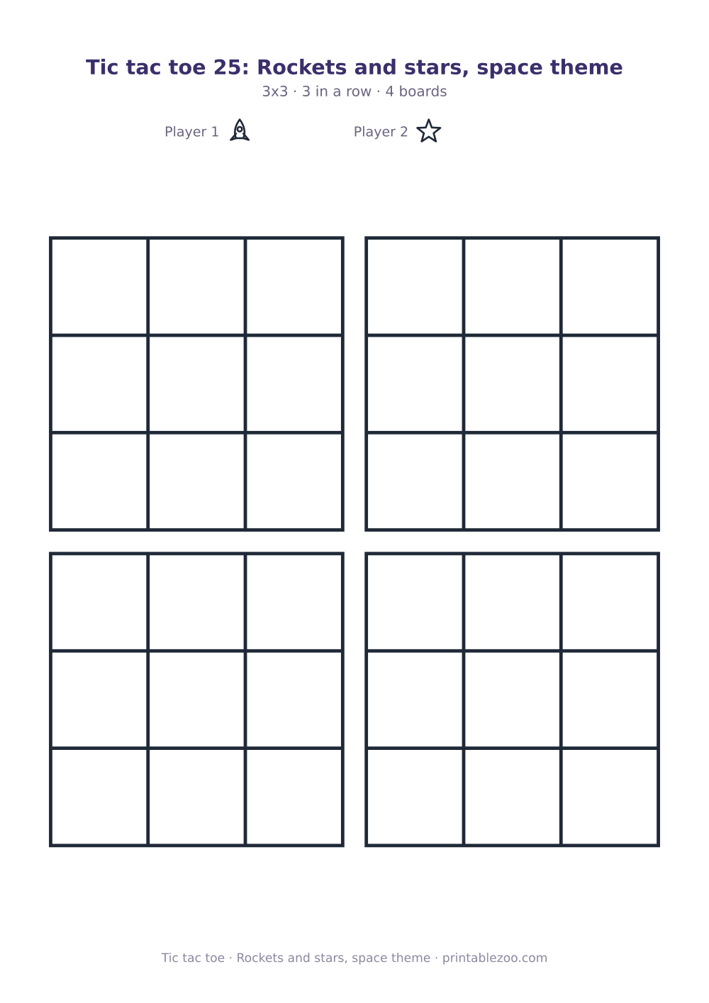 Printable tic tac toe: rockets and stars, space theme, 4 3x3 boards marked with rockets and stars
