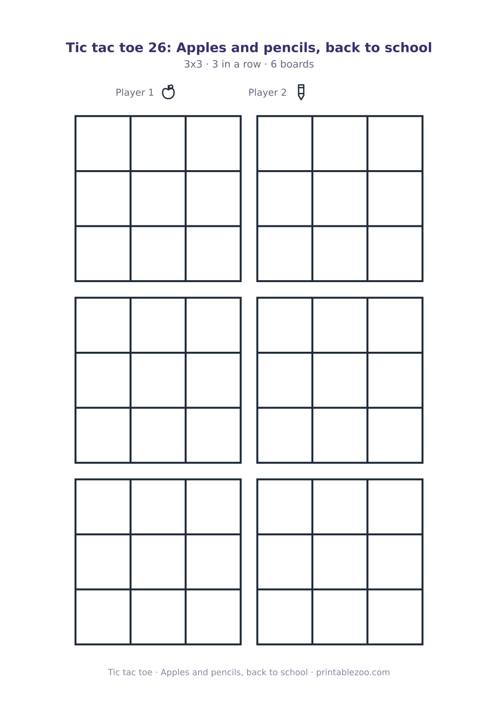 Printable tic tac toe: apples and pencils, back to school, 6 3x3 boards marked with apples and pencils