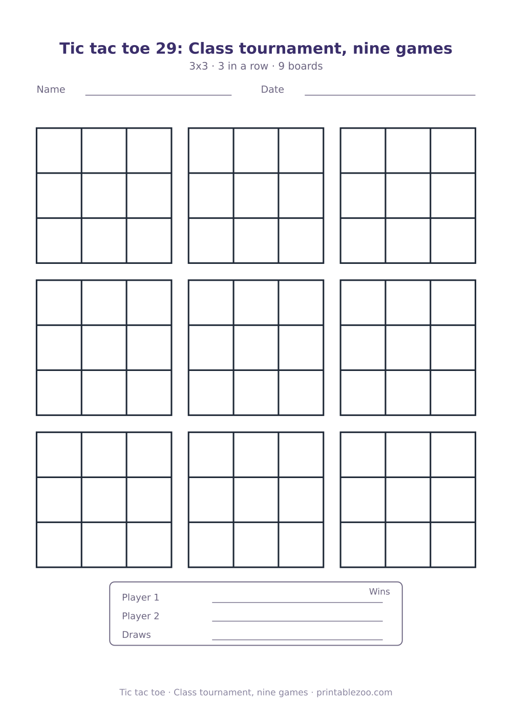 Printable tic tac toe sheet to print and play, class tournament, nine games, 9 games