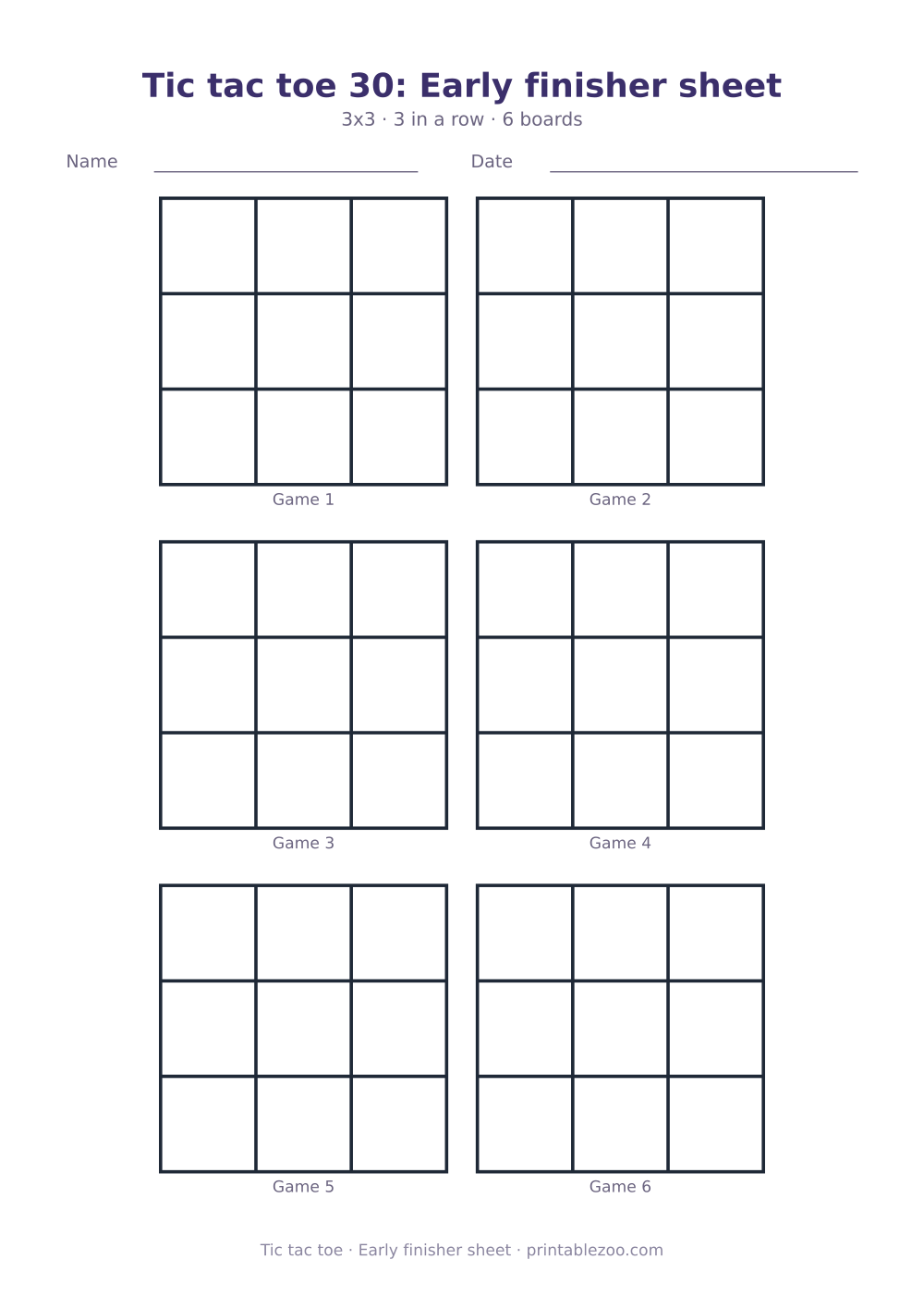 Printable tic tac toe sheet to print and play, early finisher sheet, 6 games