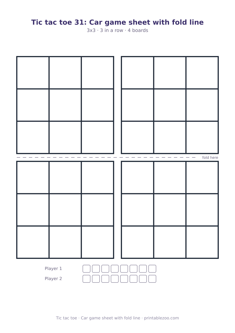 Printable tic tac toe sheet to print and play, car game sheet with fold line, 4 games