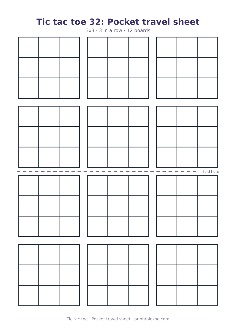 Printable tic tac toe sheet to print and play, pocket travel sheet, 12 games