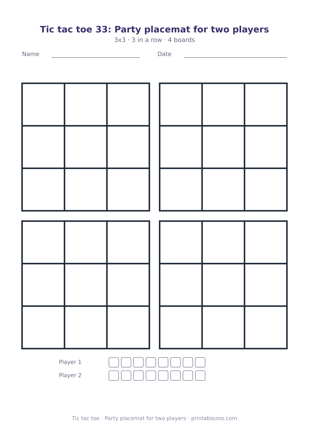 Printable tic tac toe sheet to print and play, party placemat for two players, 4 games