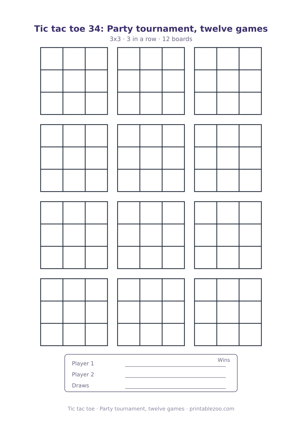 Printable tic tac toe sheet to print and play, party tournament, twelve games, 12 games