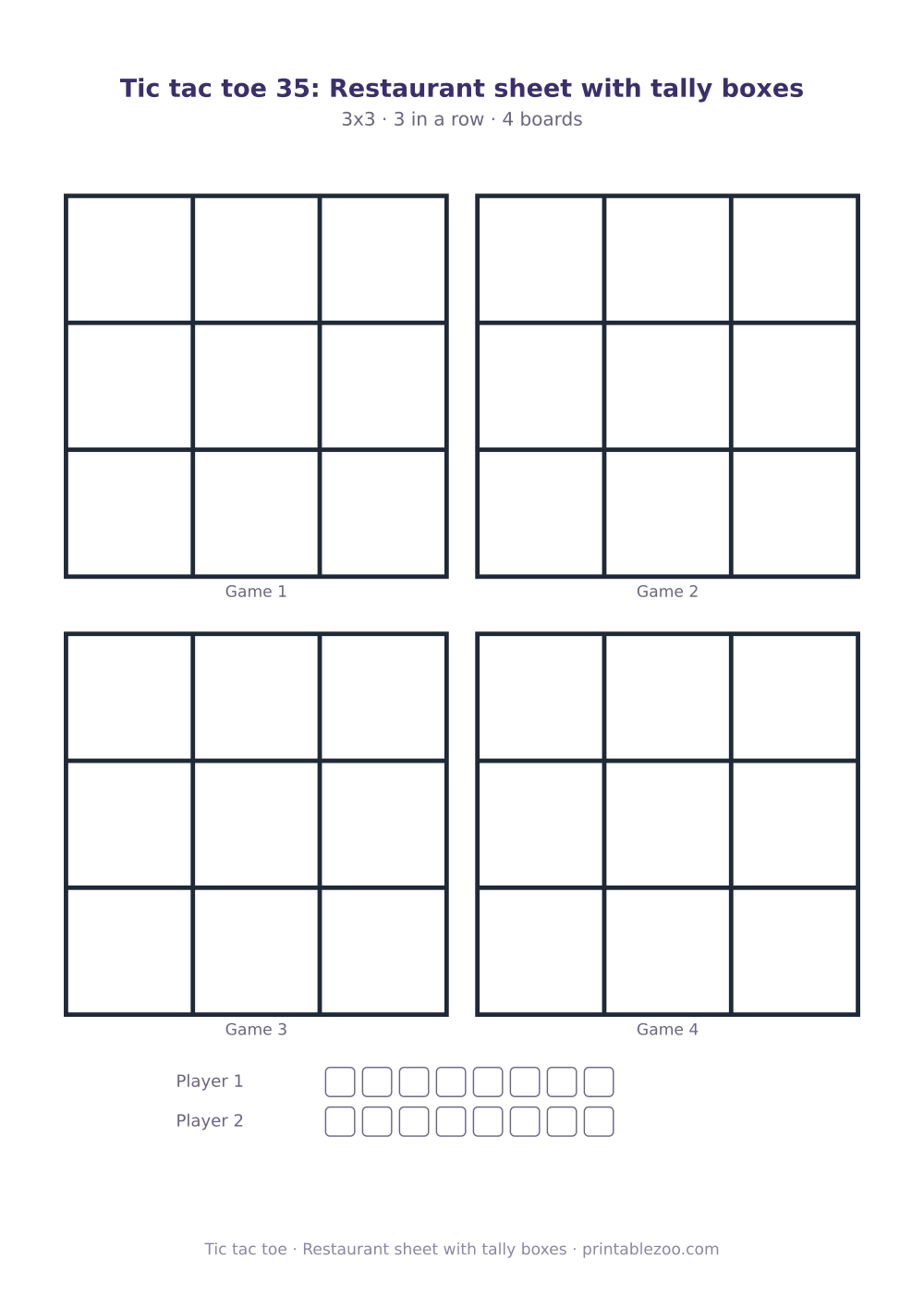 Printable tic tac toe sheet to print and play, restaurant sheet with tally boxes, 4 games