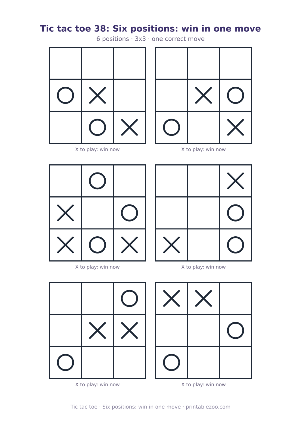 Printable tic tac toe puzzle: 6 positions, six positions: win in one move
