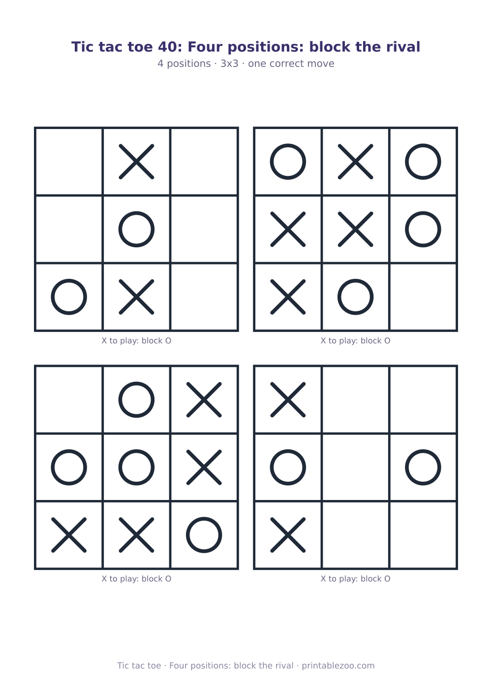 Printable tic tac toe puzzle: 4 positions, four positions: block the rival