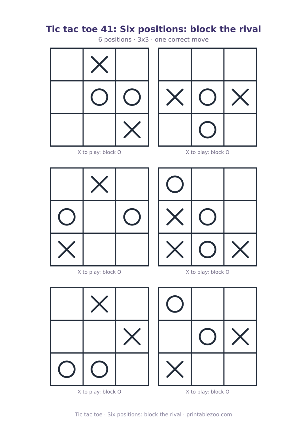 Printable tic tac toe puzzle: 6 positions, six positions: block the rival