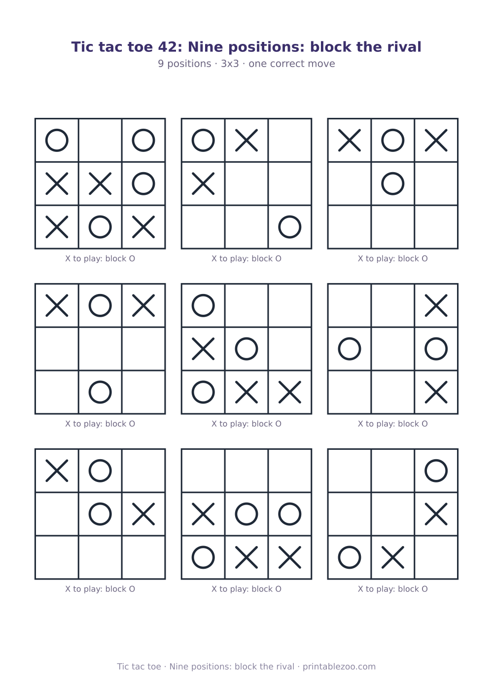 Printable tic tac toe puzzle: 9 positions, nine positions: block the rival