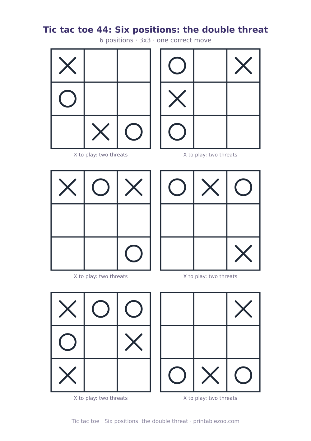 Printable tic tac toe puzzle: 6 positions, six positions: the double threat